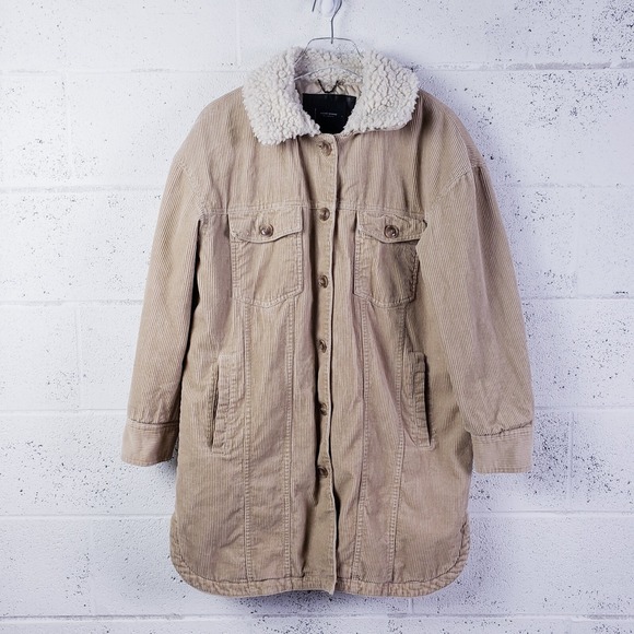 Lucky Brand Jackets & Blazers - Lucky Brand Womens Large Long Corduroy Jacket Faux Fur Collar Tan Button Front